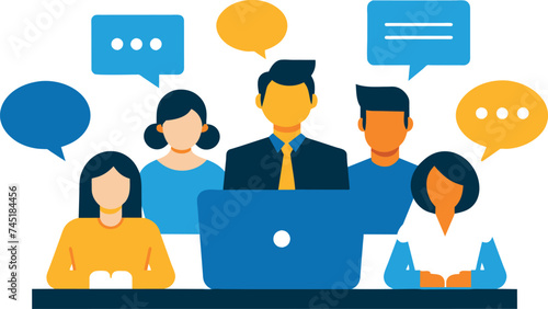 Online discussion forums, video-focused group chats, online conference calls, team chats, or the use of technology to facilitate team conversations, businesspeople engaging in computer