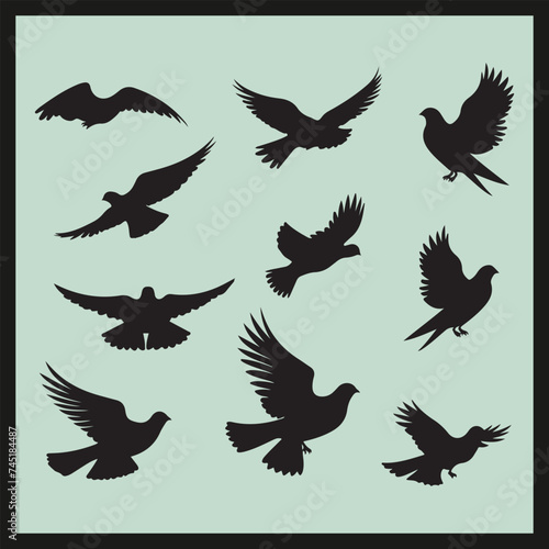 Dove black silhouette set vector, set of birds