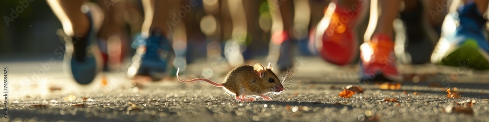 A marathon-running mouse, tiny but determined, racing alongside human runners, displaying incredible endurance - obrazy, fototapety, plakaty 