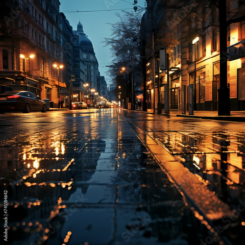 Reflection of city lights in a rain-soaked street.