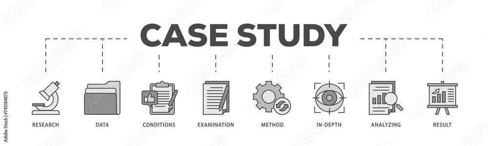 Case study icons process structure web banner illustration of research, data, conditions, examination, method, in depth, analyzing, and result icon live stroke and easy to edit Case study icons process structure web banner illustration of research, data, conditions, examination, method, in depth, analyzing, and result icon live stroke and easy to edit
