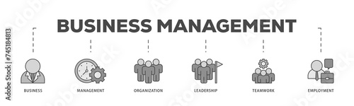 Business management icons process structure web banner illustration of business, management, organization, leadership, teamwork and employment icon live stroke and easy to edit 