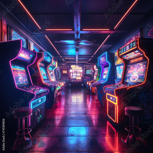 Retro arcade with glowing neon lights.