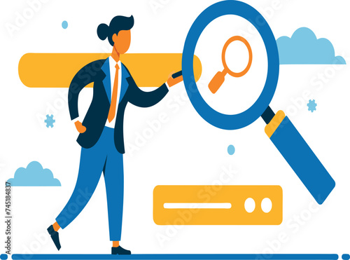 Seeking a new position, identifying potential candidates, recruiting and hiring, SEO (search engine optimization), locating career opportunities, and business people HR activates the magnifying glass 