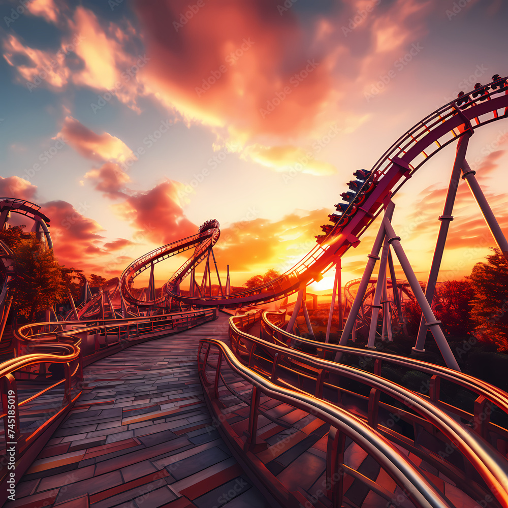 Roller coaster at an amusement park against a sunset - obrazy, fototapety, plakaty 