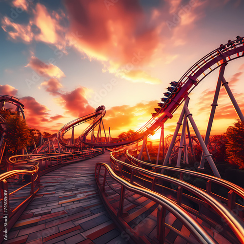 Roller coaster at an amusement park against a sunset