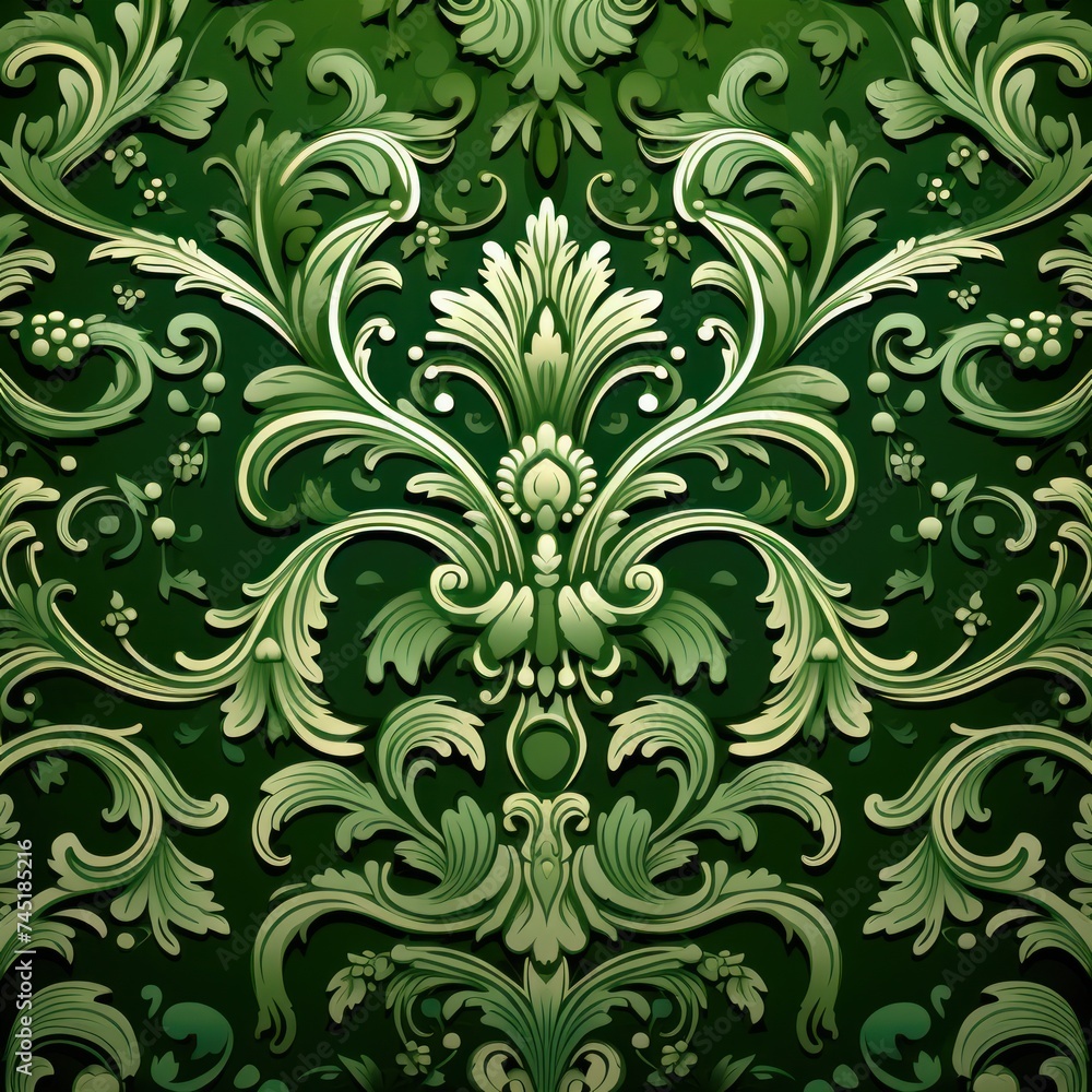 A Green wallpaper with ornate design, in the style of victorian, repeating pattern vector illustration