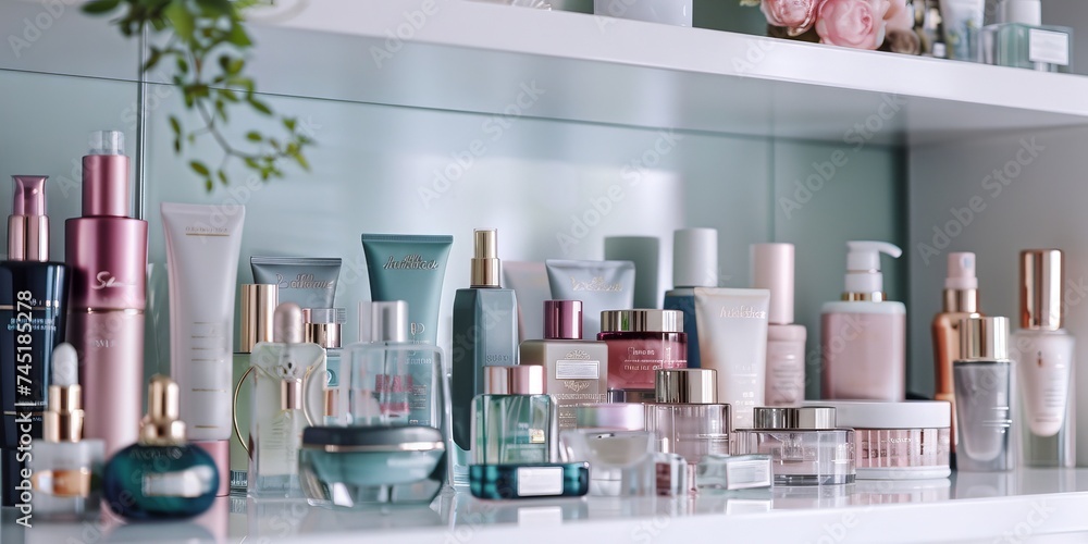 A row of beauty products on a shelf A row of beauty products on a shelf