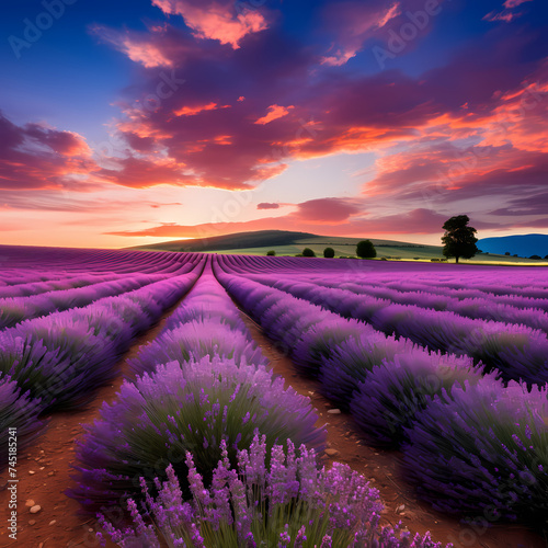 Rows of lavender in a scenic countryside field. 