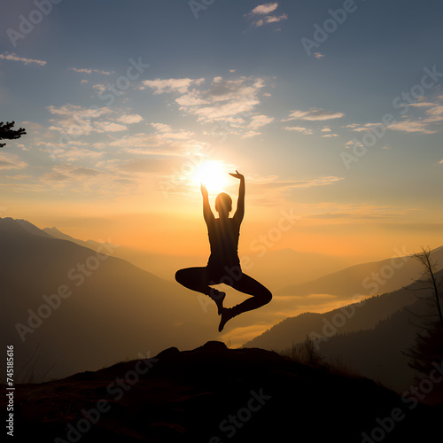 Silhouette of a person doing yoga on a mountaintop 