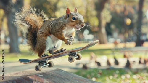 A skateboard-riding squirrel performing stunts in a park, gliding and flipping on a tiny board, with a crowd of other squirrels watching photo