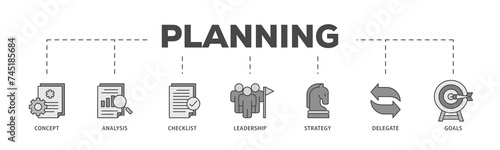 Planning icons process structure web banner illustration of concept, analysis, checklist, leadership, strategy, delegate and goals icon live stroke and easy to edit 