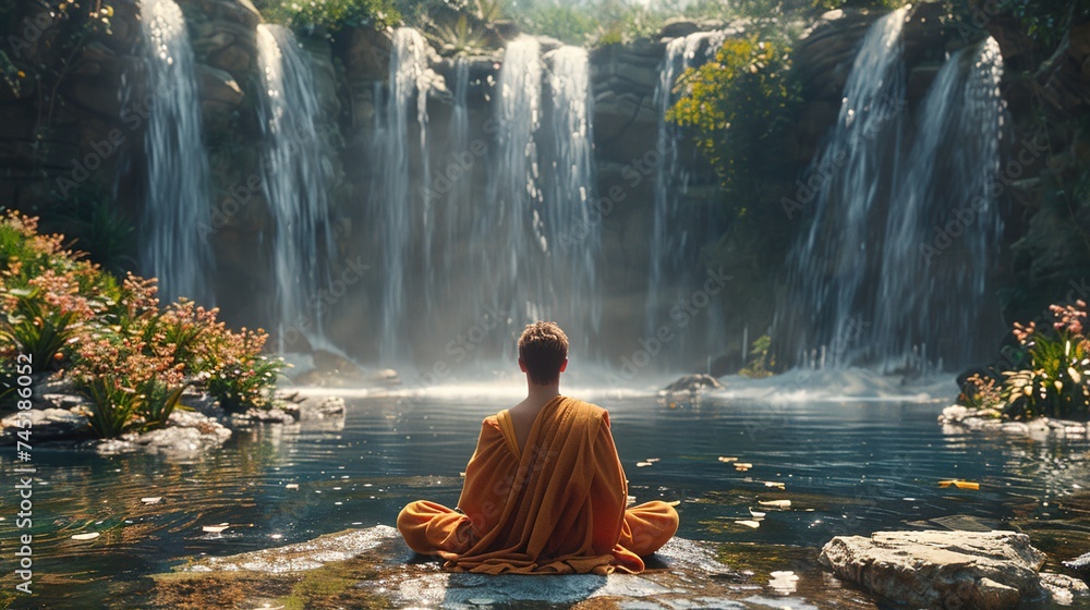 View from behind of a man meditating in front of a lake with waterfalls View from behind of a man meditating in front of a lake with waterfalls
