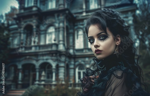 A vampire cautiously applying sunscreen before stepping out in daylight standing in front of a gothic mansion