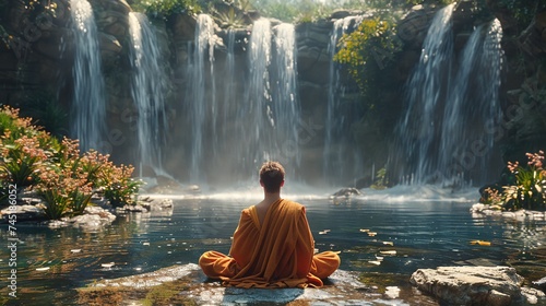 View from behind of a man meditating in front of a lake with waterfalls © Alvaro