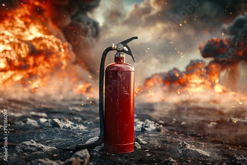 A water extinguisher in the foreground with a backdrop of Earth engulfed in flames urging action photo