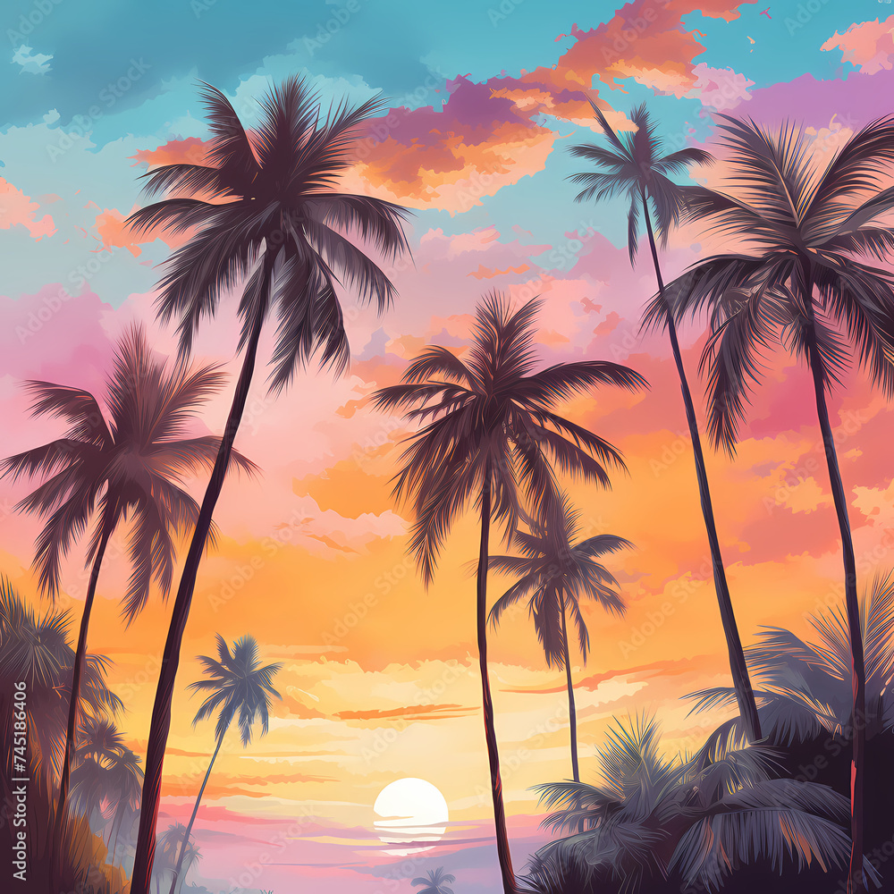 Tropical palm trees against a pastel-colored sunset