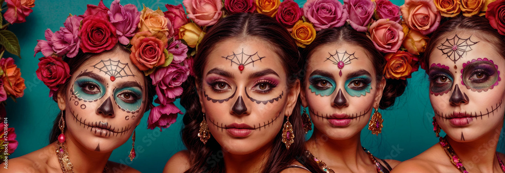 portrait of mexican women with day of the dead makeup, sugar skull, flowers, 