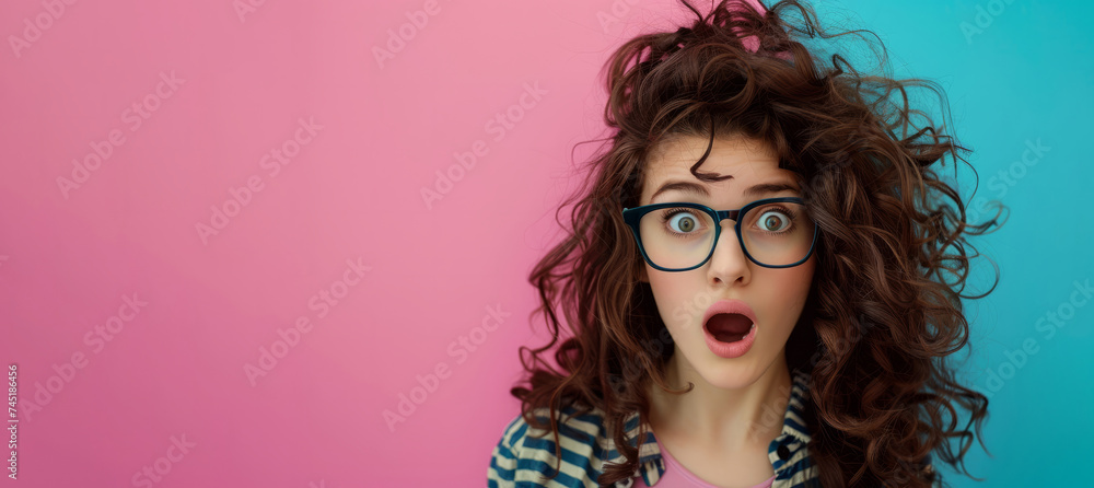surprised girl, adorned with large glasses and voluminous hair, set against a captivating blue-pink background. surprise, capturing the moment vividly. With ample space for copy for creative projects surprised girl, adorned with large glasses and voluminous hair, set against a captivating blue-pink background. surprise, capturing the moment vividly. With ample space for copy for creative projects