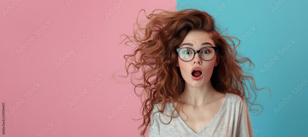surprised girl, adorned with large glasses and voluminous hair, set against a captivating blue-pink background. surprise, capturing the moment vividly. With ample space for copy for creative projects