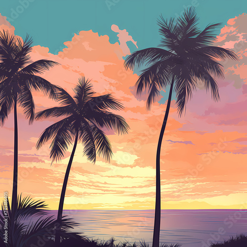 Tropical palm trees against a pastel-colored sunset © Cao