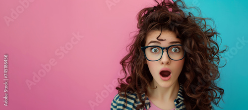 surprised girl, adorned with large glasses and voluminous hair, set against a captivating blue-pink background. surprise, capturing the moment vividly. With ample space for copy for creative projects