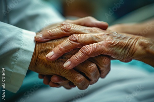 Two elderly hands intertwined in a gesture of love and care, highlighting the wrinkles and warmth of age