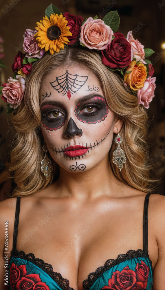 fantasy lady in sugar skull makeup Dia de los muertos