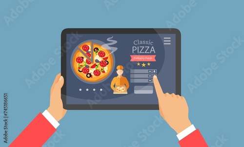 Vettore di un cliente che utilizza un'app mobile che ordina cibo online per la consegna a domicilio - illustrazioni  PIZZA FAST FOOD  delivery  photo