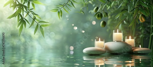 A bamboo tree stands tall in the water, surrounded by flickering candles and smooth rocks. The green background creates a serene atmosphere for a spa composition with aromatherapy and reflection.