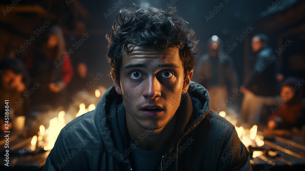 Man in hooded jacket looking at camera. Generative AI Man in hooded jacket looking at camera. Generative AI