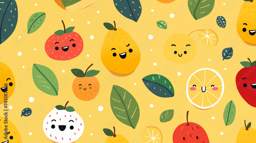 Pattern characters fruits on yellow background. Generative AI Pattern characters fruits on yellow background. Generative AI
