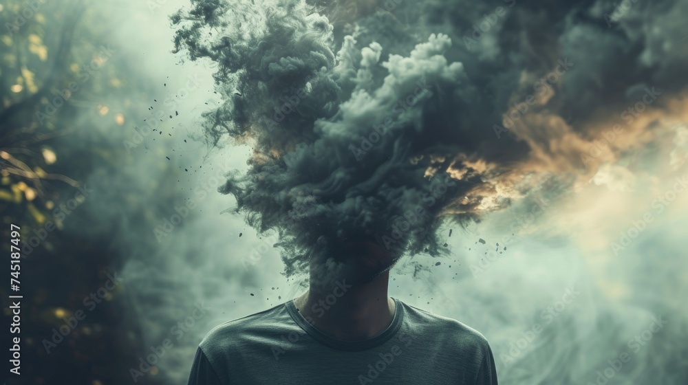 Conceptual image of a person with a head exploding into smoke, symbolizing stress, burnout, or mental overload. - obrazy, fototapety, plakaty 