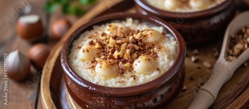 The image shows a close-up view of a plate on a table, showcasing a Turkish dessert made with baked rice pudding and topped with hazelnuts. The dessert is served in a clay pot and is ready to be