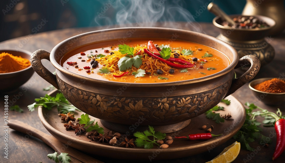 Spices and flavors of the soup against the backdrop of a beautiful sunny day, the vibrant colors and aromatic steam rise from the bowl, inviting viewers to indulge in its exquisite taste and beauty Spices and flavors of the soup against the backdrop of a beautiful sunny day, the vibrant colors and aromatic steam rise from the bowl, inviting viewers to indulge in its exquisite taste and beauty