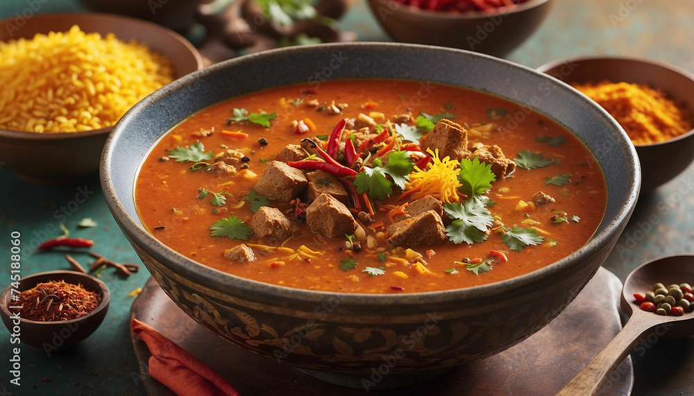 Spices and flavors of the soup against the backdrop of a beautiful sunny day, the vibrant colors and aromatic steam rise from the bowl, inviting viewers to indulge in its exquisite taste and beauty