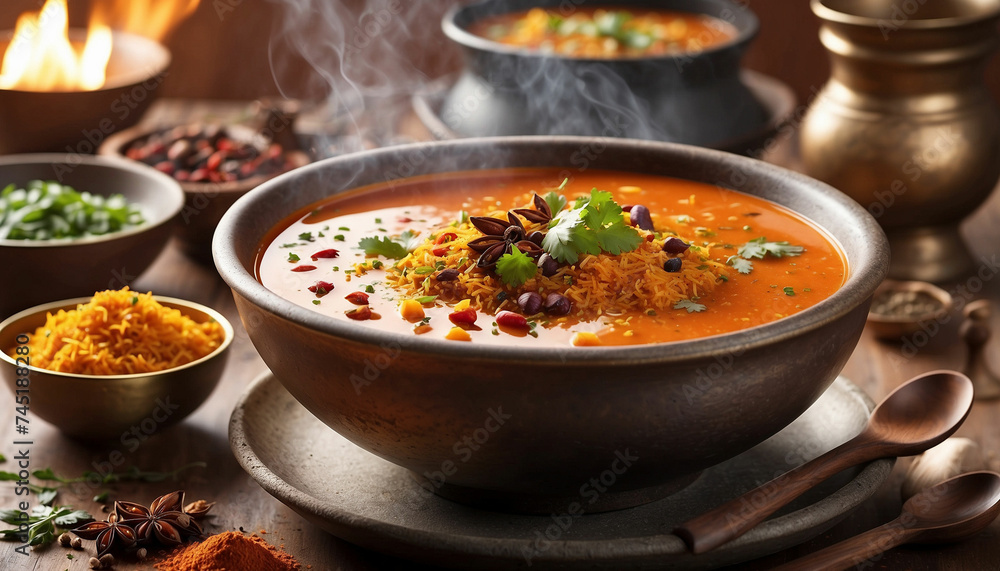 Spices and flavors of the soup against the backdrop of a beautiful sunny day, the vibrant colors and aromatic steam rise from the bowl, inviting viewers to indulge in its exquisite taste and beauty