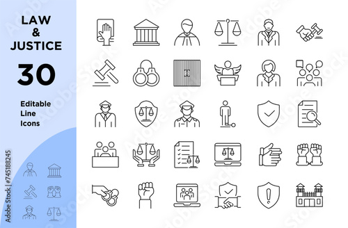 Law and justice Line icon. Vector illustration for crime, attorney, lawyer, punishment, court, judicial, judge. Editable Icons set