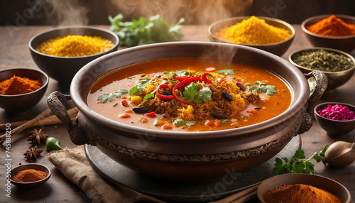 Spices and flavors of the soup against the backdrop of a beautiful sunny day, the vibrant colors and aromatic steam rise from the bowl, inviting viewers to indulge in its exquisite taste and beauty