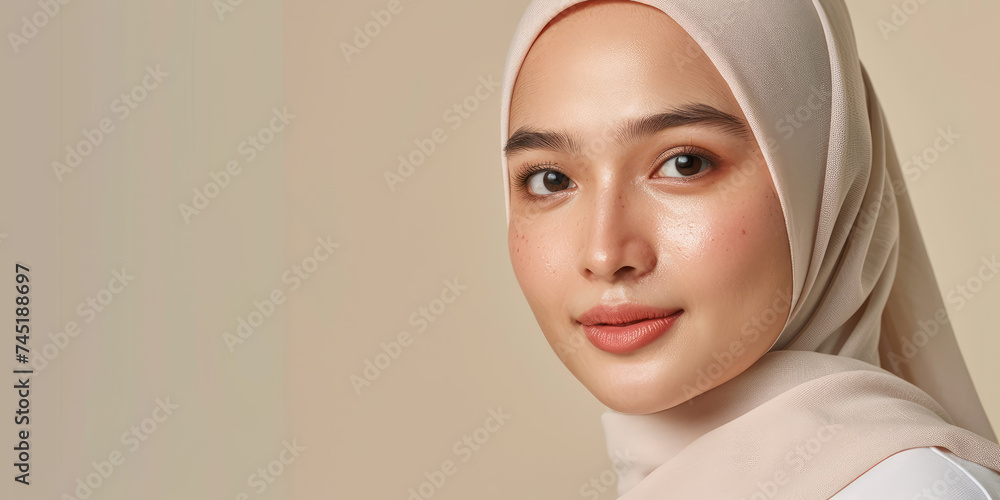 Portrait of a woman with glowing skin wearing a hijab, against a neutral background. Portrait of a woman with glowing skin wearing a hijab, against a neutral background.