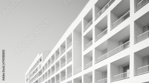 Modern architectural detail of a white residential building with balconies, minimalist style.