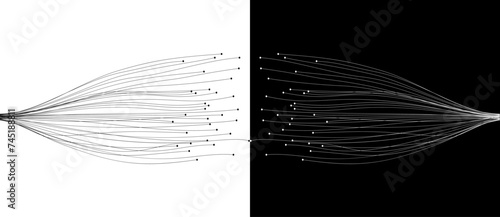 Abstract lines with dots over background. Connecting or big data concept. Design element or icon. Black shape on a white background and the same white shape on the black side.