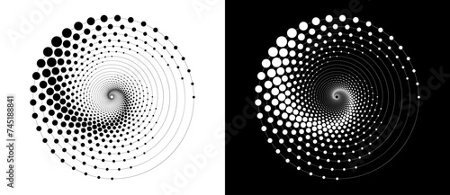 Modern abstract background. Halftone dots in circle form. Round logo. Vector dotted frame. Design element or icon. Black shape on a white background and the same white shape on the black side.