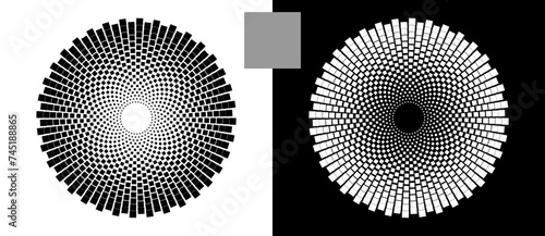 Halftone circles with squares.Abstract creative background or icon, logo, tattoo. Black shape on a white background and the same white shape on the black side.