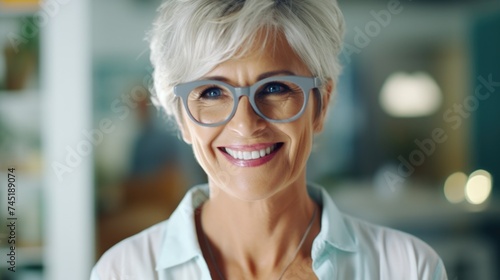A woman with glasses smiling at the camera. Suitable for various projects