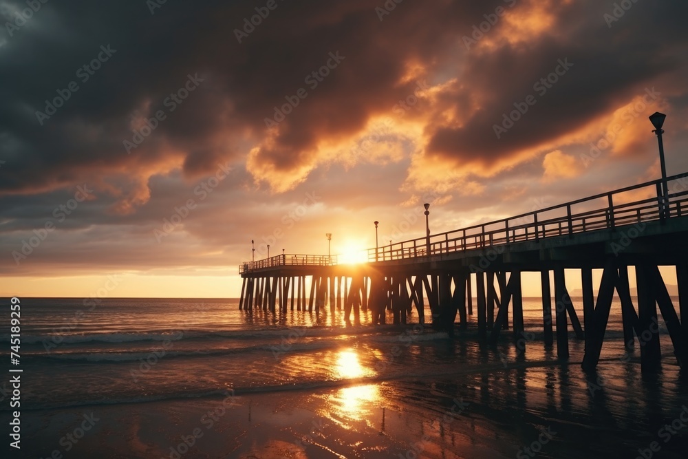 Beautiful sunset behind a pier on the beach, perfect for travel websites or vacation advertisements