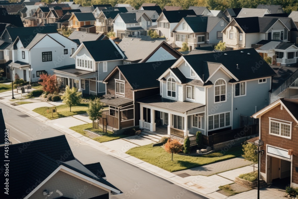 A view of a neighborhood with multiple houses. Suitable for real estate and community concepts A view of a neighborhood with multiple houses. Suitable for real estate and community concepts