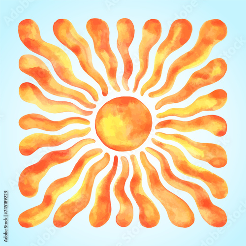 Groovy, funky, hippie watercolor vector sun illustration. Fire colors square shape, watercolour stains. Orange red yellow circle, winding wavy wriggling rays frame. Maslenitsa, Shrovetide background.