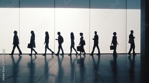 A group of people walking in a line. Perfect for teambuilding and leadership concepts