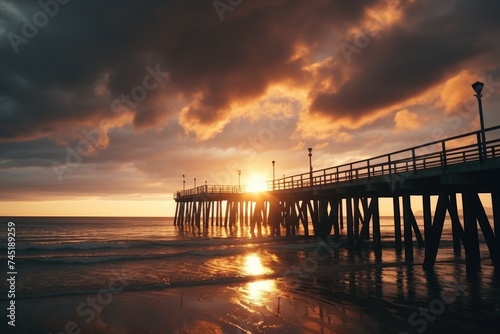 Beautiful sunset behind a pier on the beach, perfect for travel websites or vacation advertisements